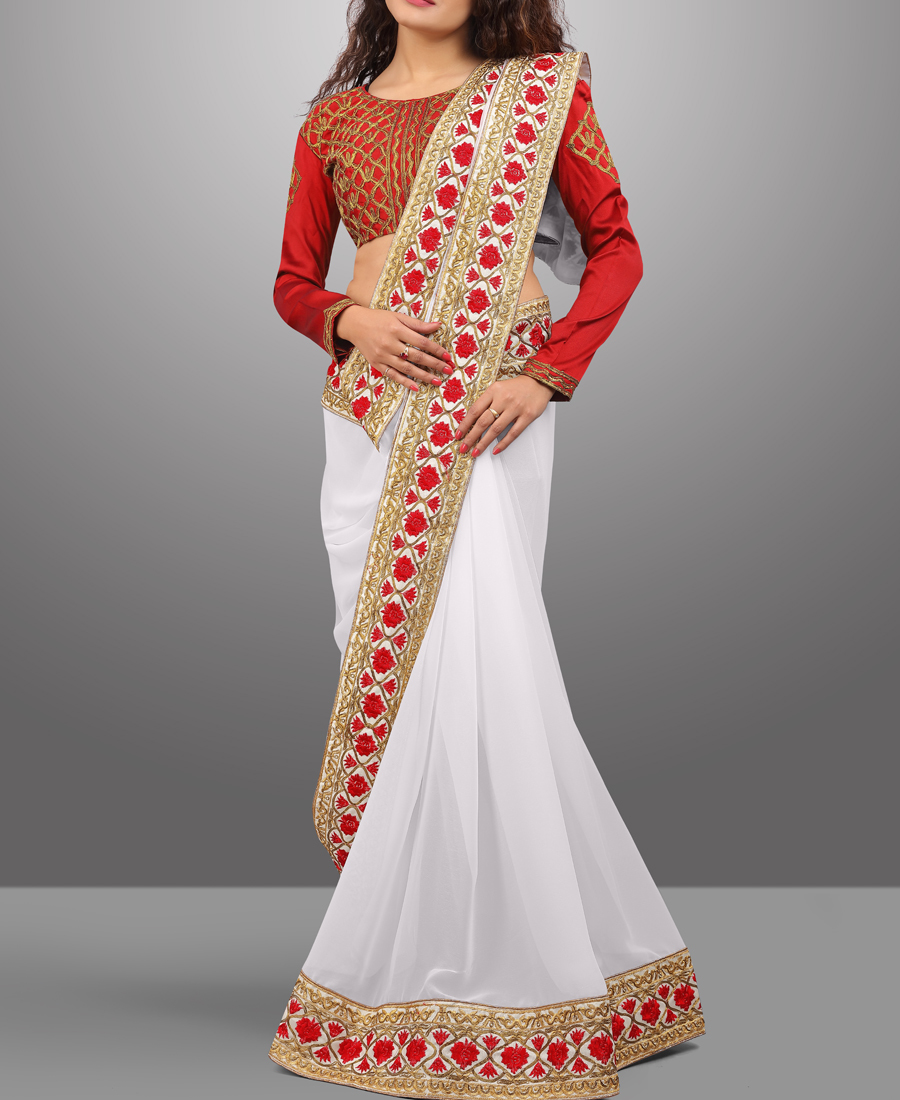 White & Red Georgette Sarees
