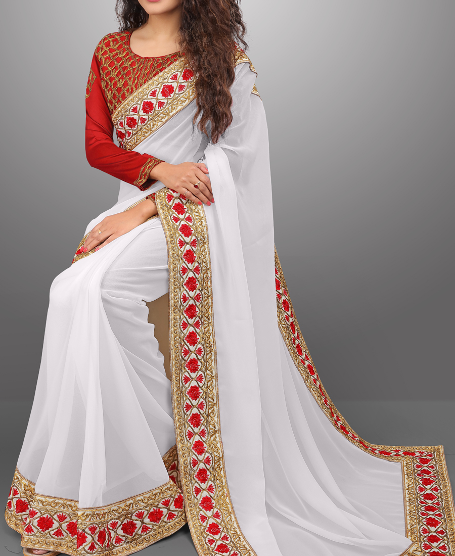 White & Red Georgette Sarees