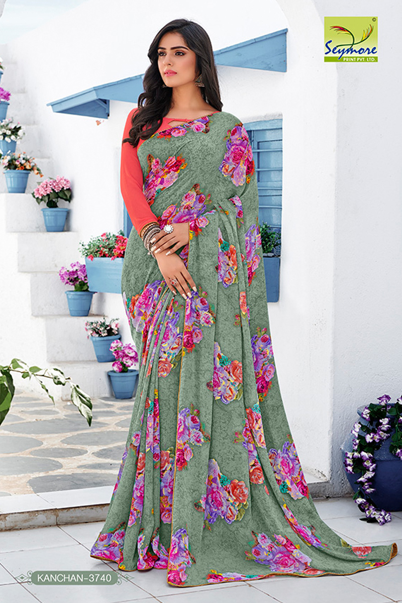Georgette Saree - 5.5 Mtrs Length, Peach Floral Print With Piping Border | Comfortable And Washable Bollywood Style For All Seasons