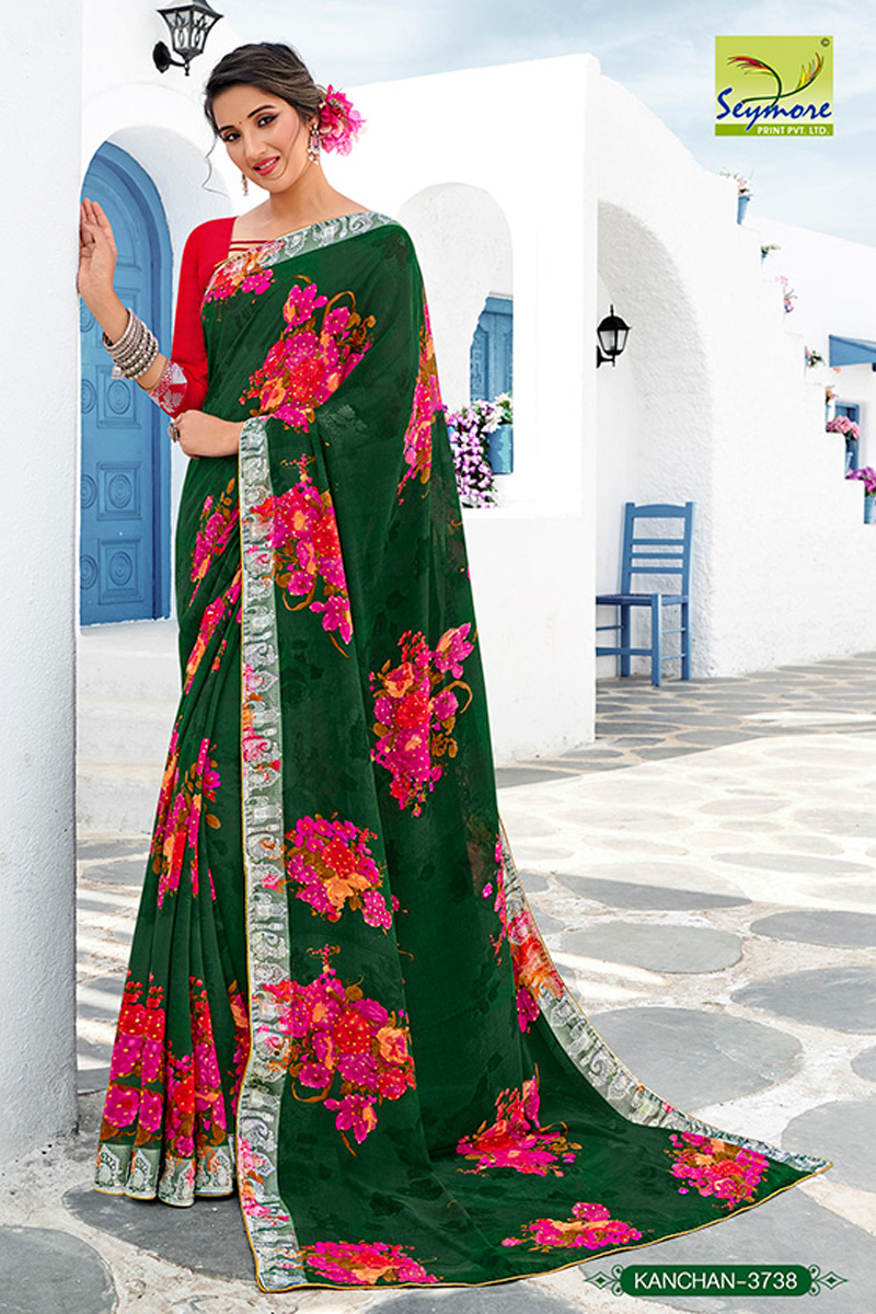 Georgette Saree - 5.5 Mtrs Length, Peach Floral Print With Piping Border | Comfortable And Washable Bollywood Style For All Seasons