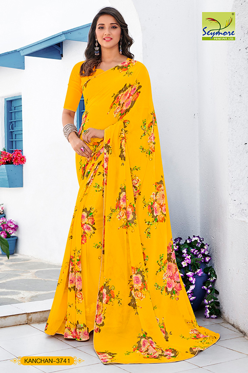 Georgette Saree - 5.5 Mtrs Length, Peach Floral Print With Piping Border | Comfortable And Washable Bollywood Style For All Seasons