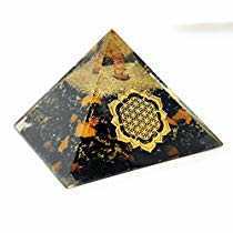 New Orgone Black Tourmaline With Golden Stone With Flower Of Life Logo Pyramid - Healing Stone 85MM Size, Black Color, Polished Surface Treatment 230GM Weight