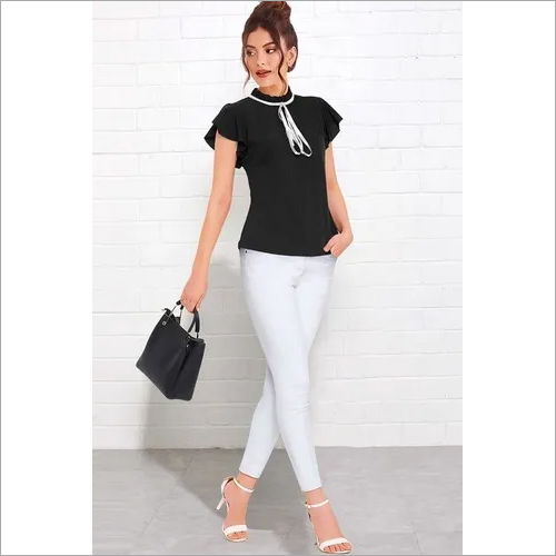 Ladies Top - Rayon, M & XL, 24.5 Inch Length, Black, Blue, Red, Yellow | Stylish Western Design, Short Sleeves, Printed Logo, Washable, Summer Collection
