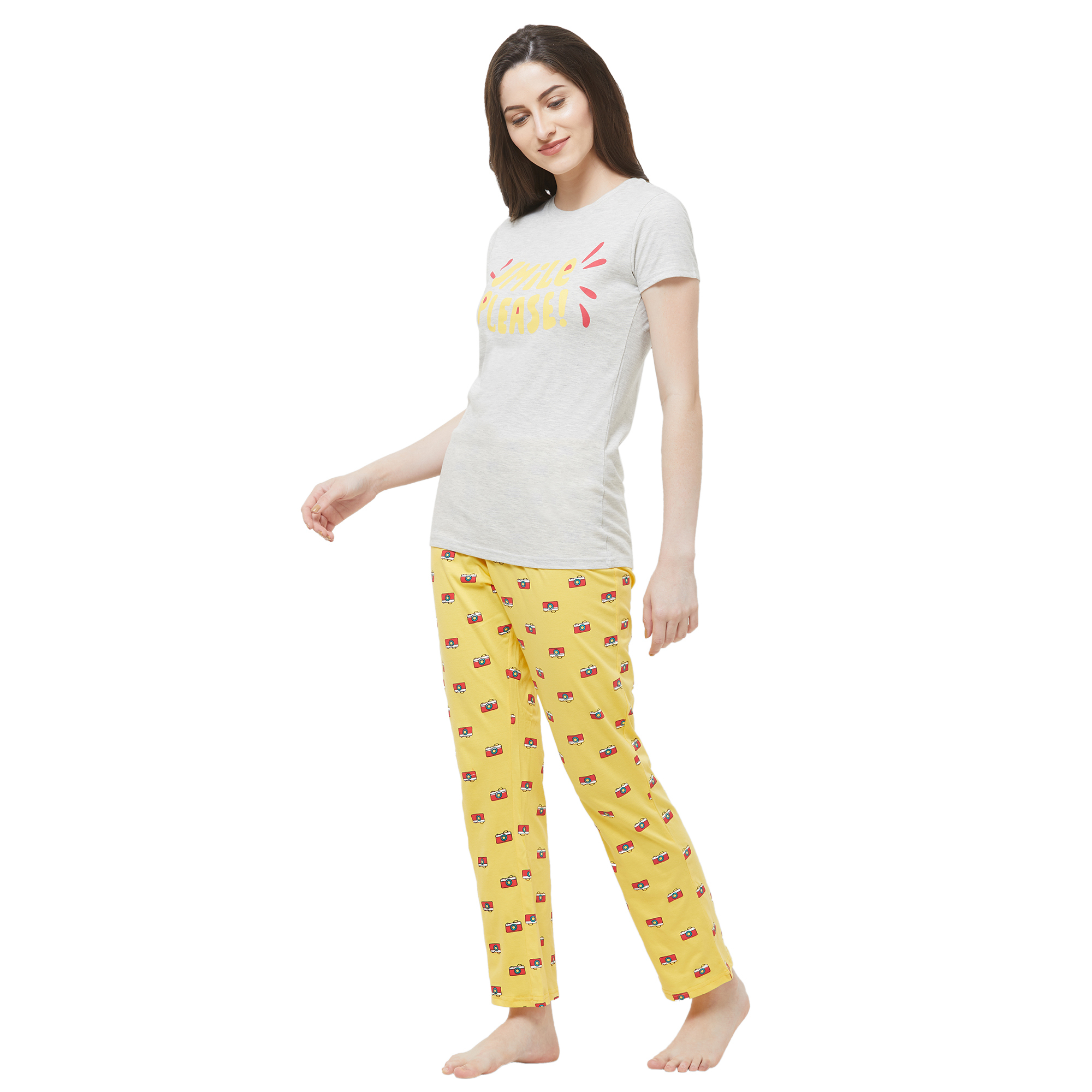 Evolove Womens Printed Pajama T Shirt Sets (Evo27) - Color: Ekru & Yellow