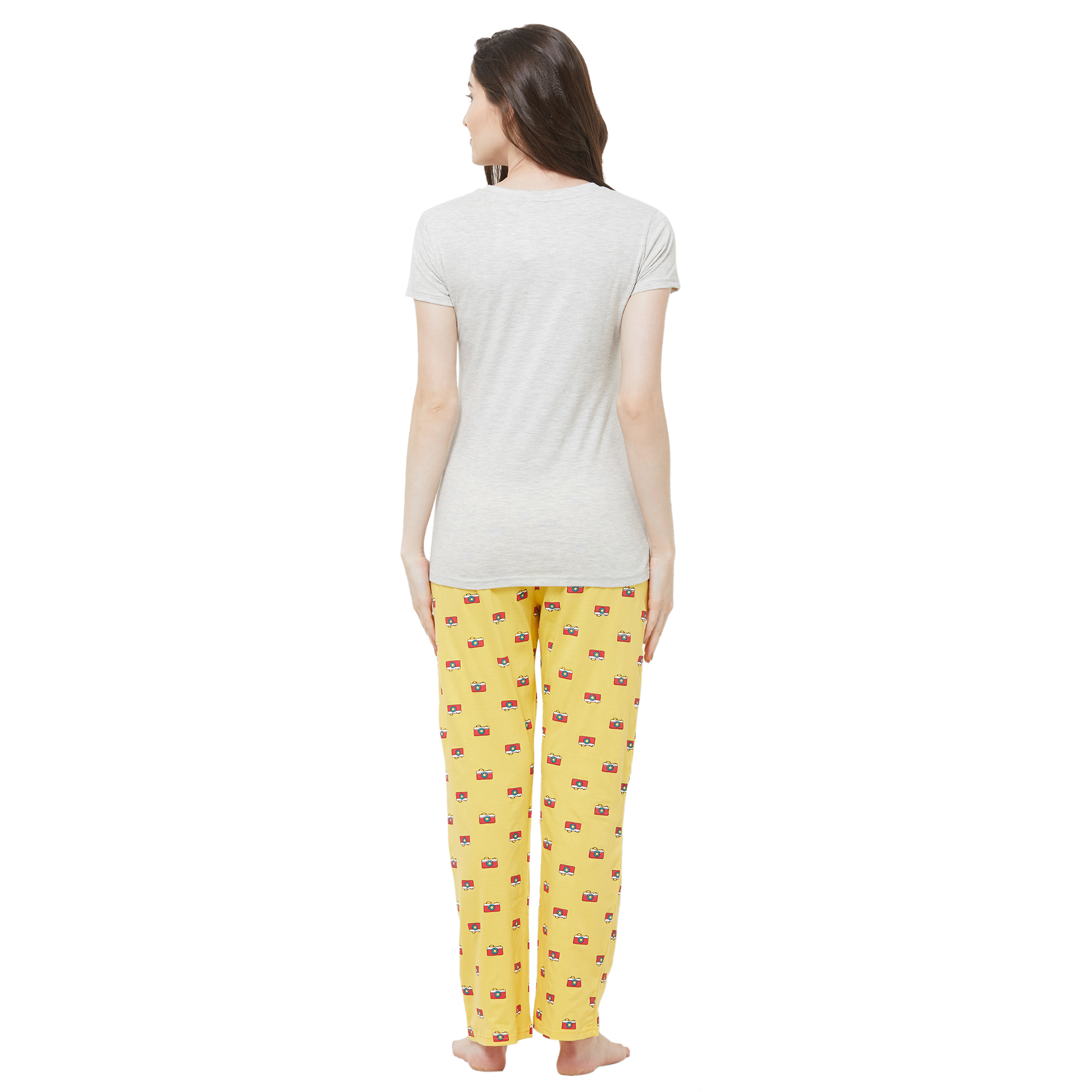 Evolove Womens Printed Pajama T Shirt Sets (Evo27) - Color: Ekru & Yellow