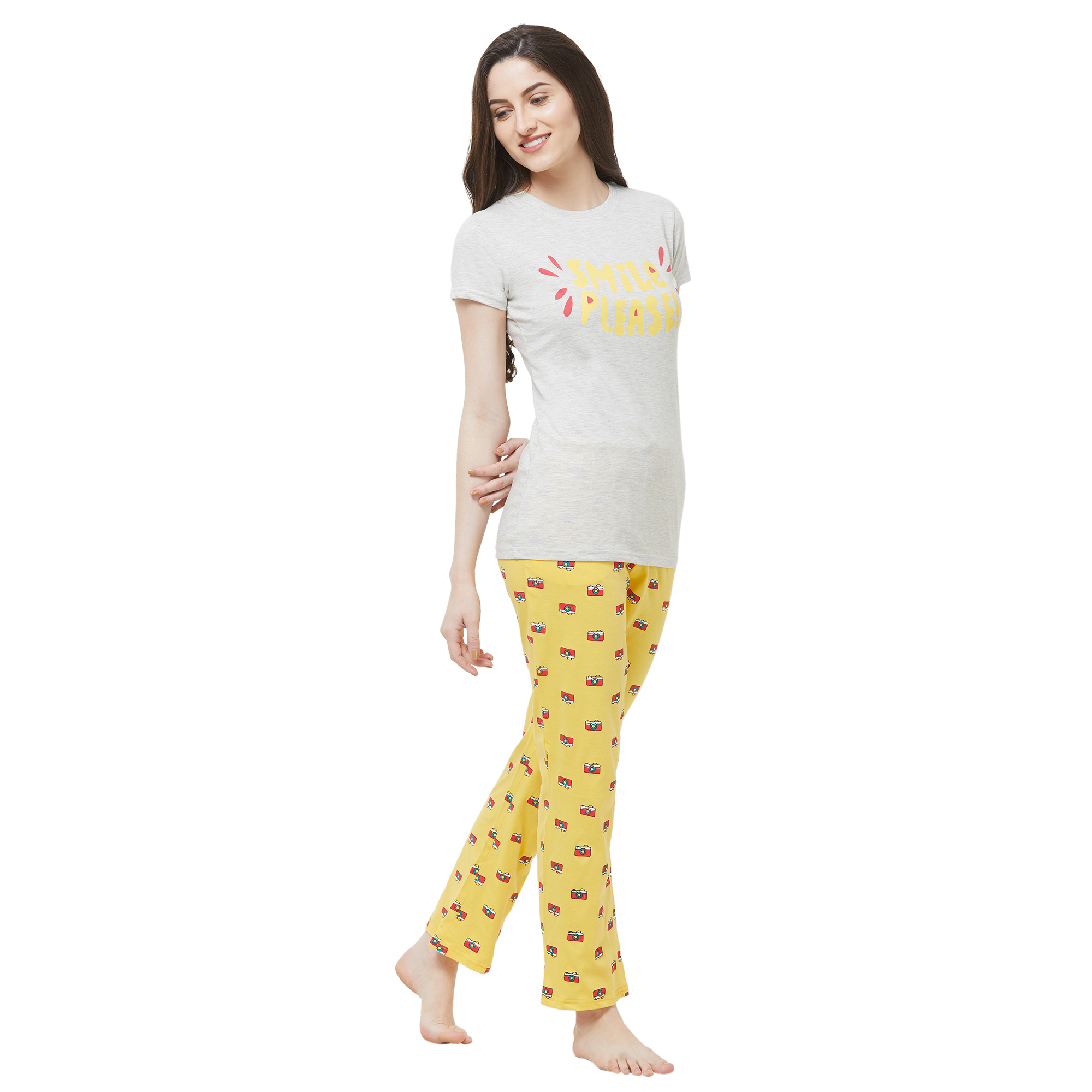 Evolove Womens Printed Pajama T Shirt Sets (Evo27) - Color: Ekru & Yellow