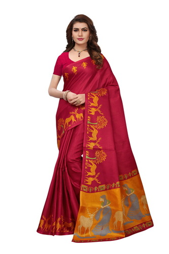 Kalamkari Khadi Saree - Silk Material, Multicolor Design, Printed Pattern | Ideal for All Seasons: Rainy, Spring, Summer, Winter
