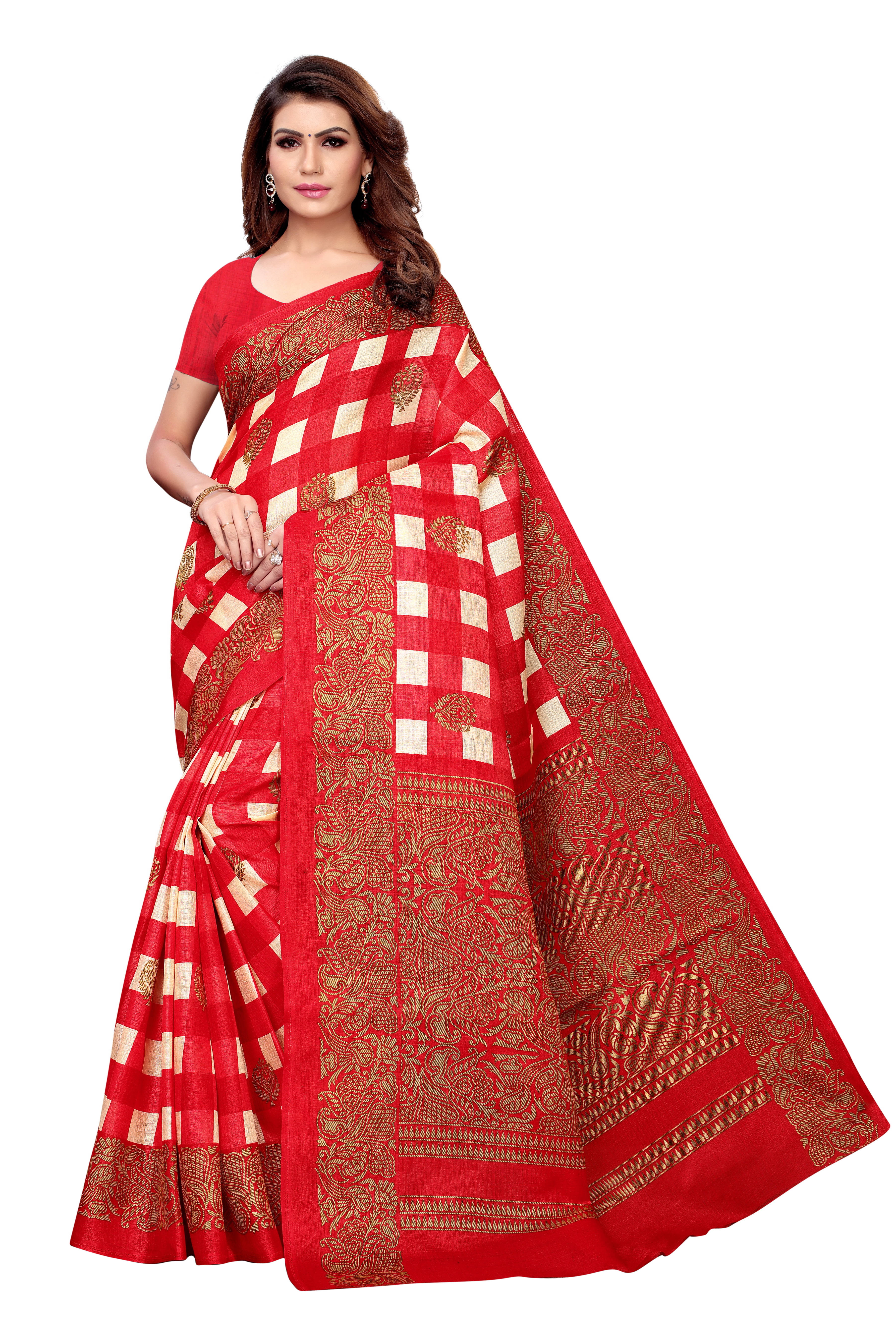 Designer Khadi Silk Saree - Printed Multicolor, Bollywood Style | Summer, Winter, Rainy, Spring | Checked Pattern, Khadi Fabric