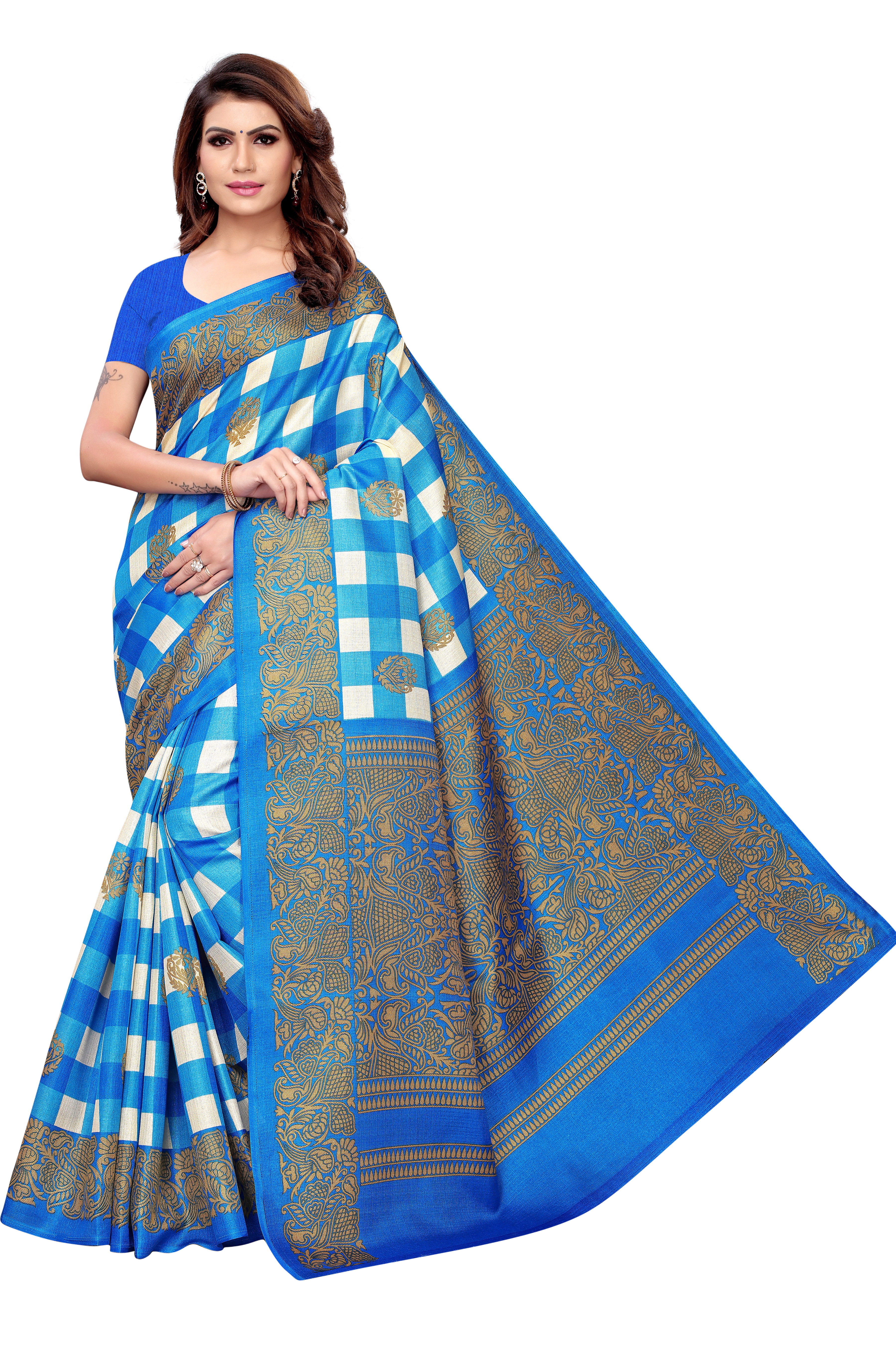 Designer Khadi Silk Saree - Printed Multicolor, Bollywood Style | Summer, Winter, Rainy, Spring | Checked Pattern, Khadi Fabric
