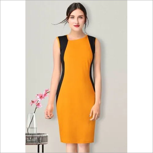 Western Dress - Knitted Knitting Fabric, Available Sizes S(36) to XL(42), Yellow Color, 35 Inches Long, Sleeveless Design, Washable Feature