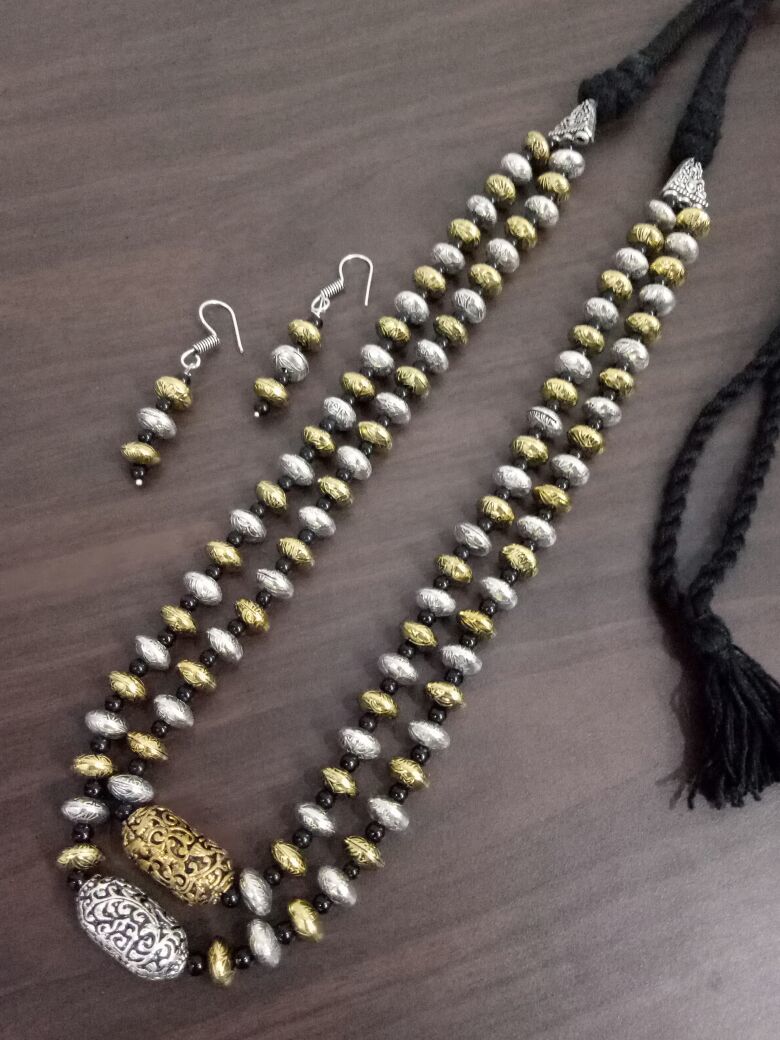 Fashion Antique Jaipuri Double Layer Dual Tone Brass Beads Mala Set