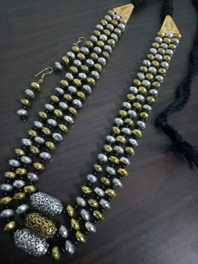 Antique Dual Tone Triple Layer Long Mala Set Gender: Women