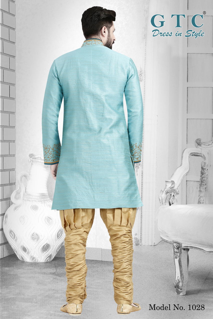 1028 Designer Kurta - Banarsi Dupion Silk, Firozi Blue, Embroidered Sleeves | Customized Size, Mandarin Collar