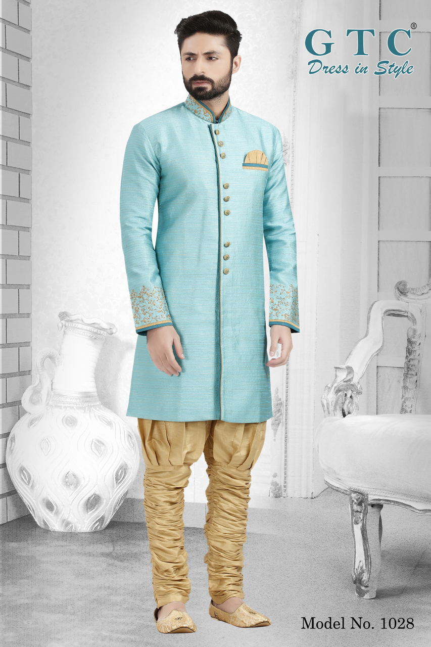 1028 Designer Kurta - Banarsi Dupion Silk, Firozi Blue, Embroidered Sleeves | Customized Size, Mandarin Collar