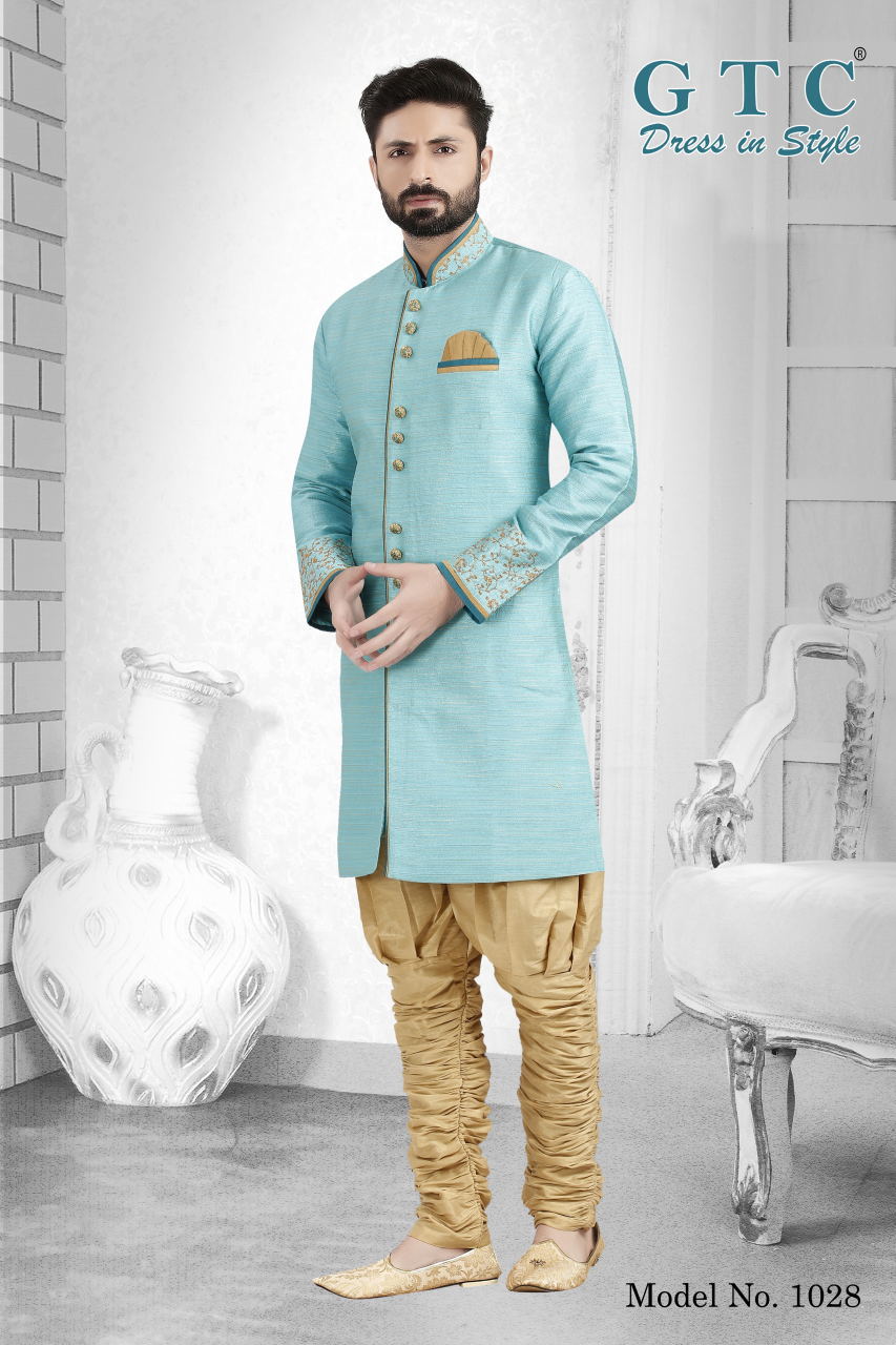 1028 Designer Kurta - Banarsi Dupion Silk, Firozi Blue, Embroidered Sleeves | Customized Size, Mandarin Collar