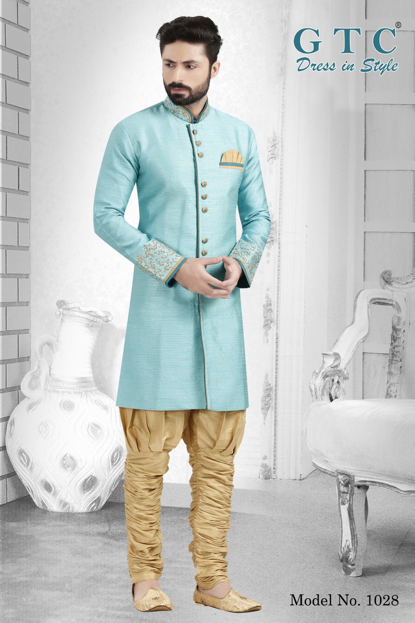 1028 Designer Kurta - Banarsi Dupion Silk, Firozi Blue, Embroidered Sleeves | Customized Size, Mandarin Collar