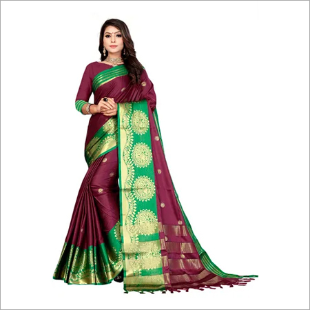 Banarasi Silk Saree - Pure Soft Aura Cotton Silk Finish, 6.3 Length, Maroon Color, Flocked Technics, Full Sleeves, Ethnic Beaded Pattern, Washable & Comfortable