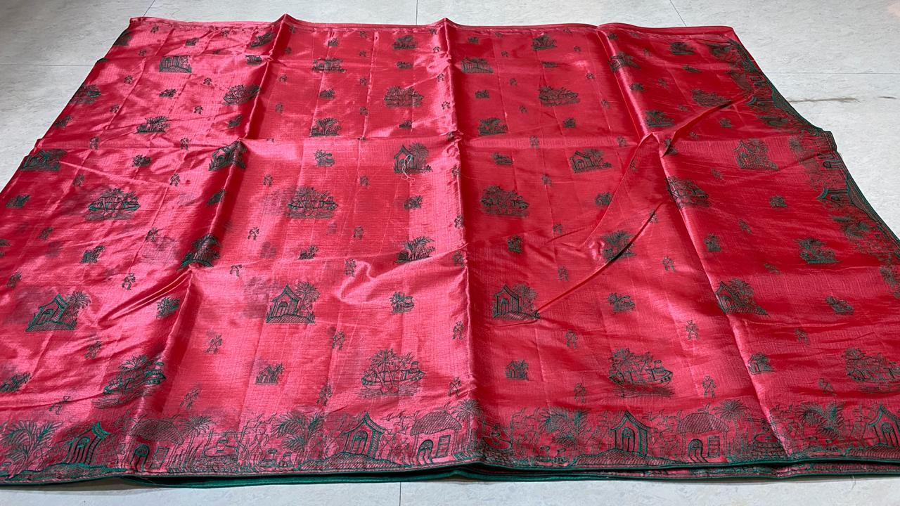 Woven Pure Khadi Silk Saree With All Over Worli Kantha Machine Embroidery