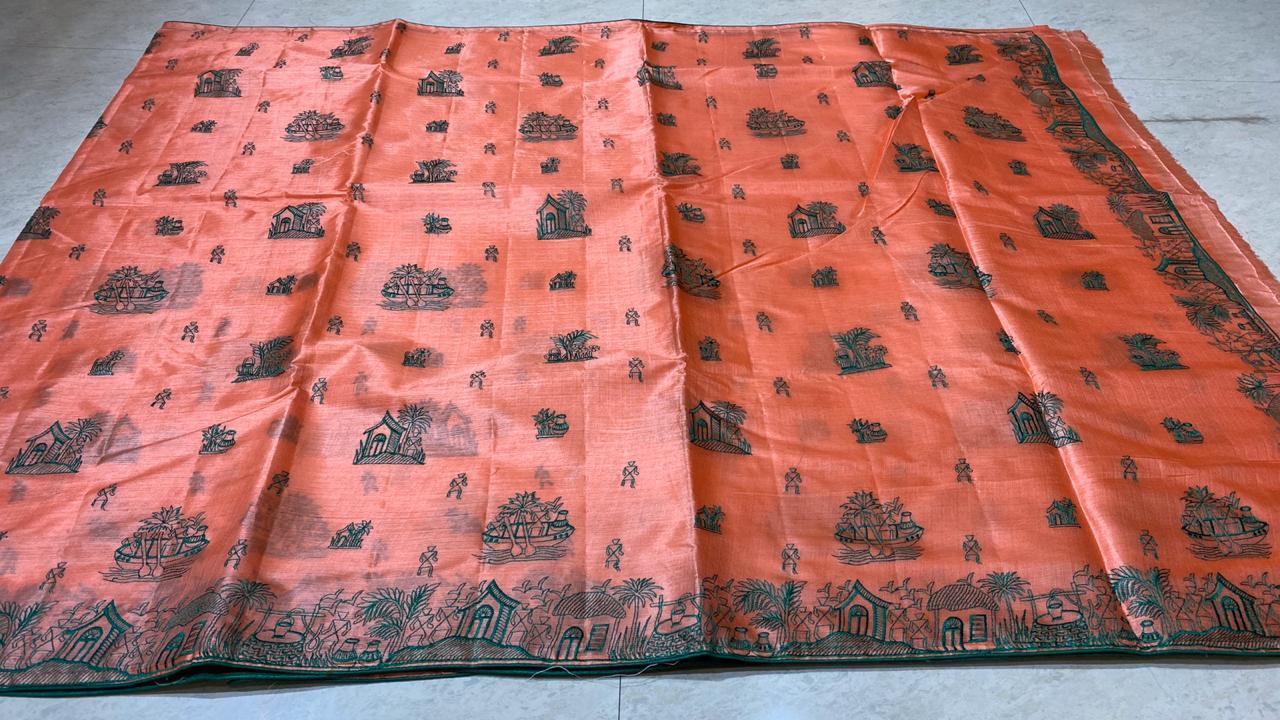 Woven Pure Khadi Silk Saree With All Over Worli Kantha Machine Embroidery