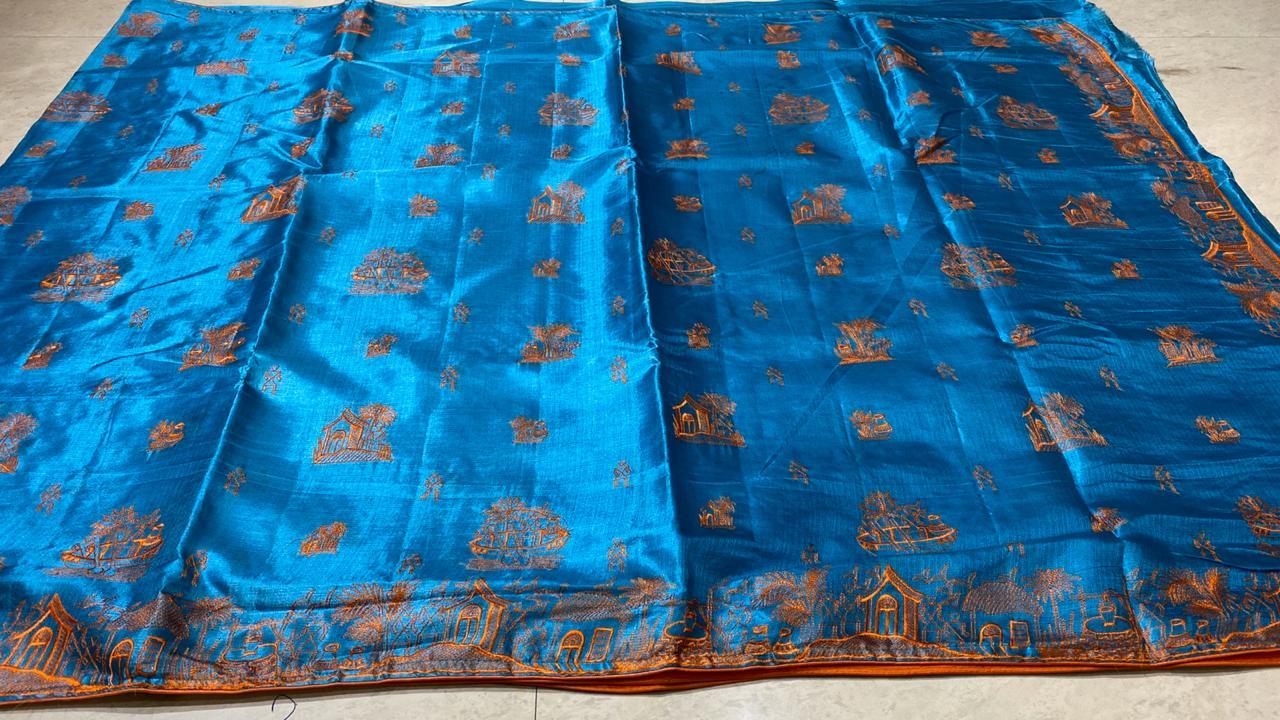 Woven Pure Khadi Silk Saree With All Over Worli Kantha Machine Embroidery