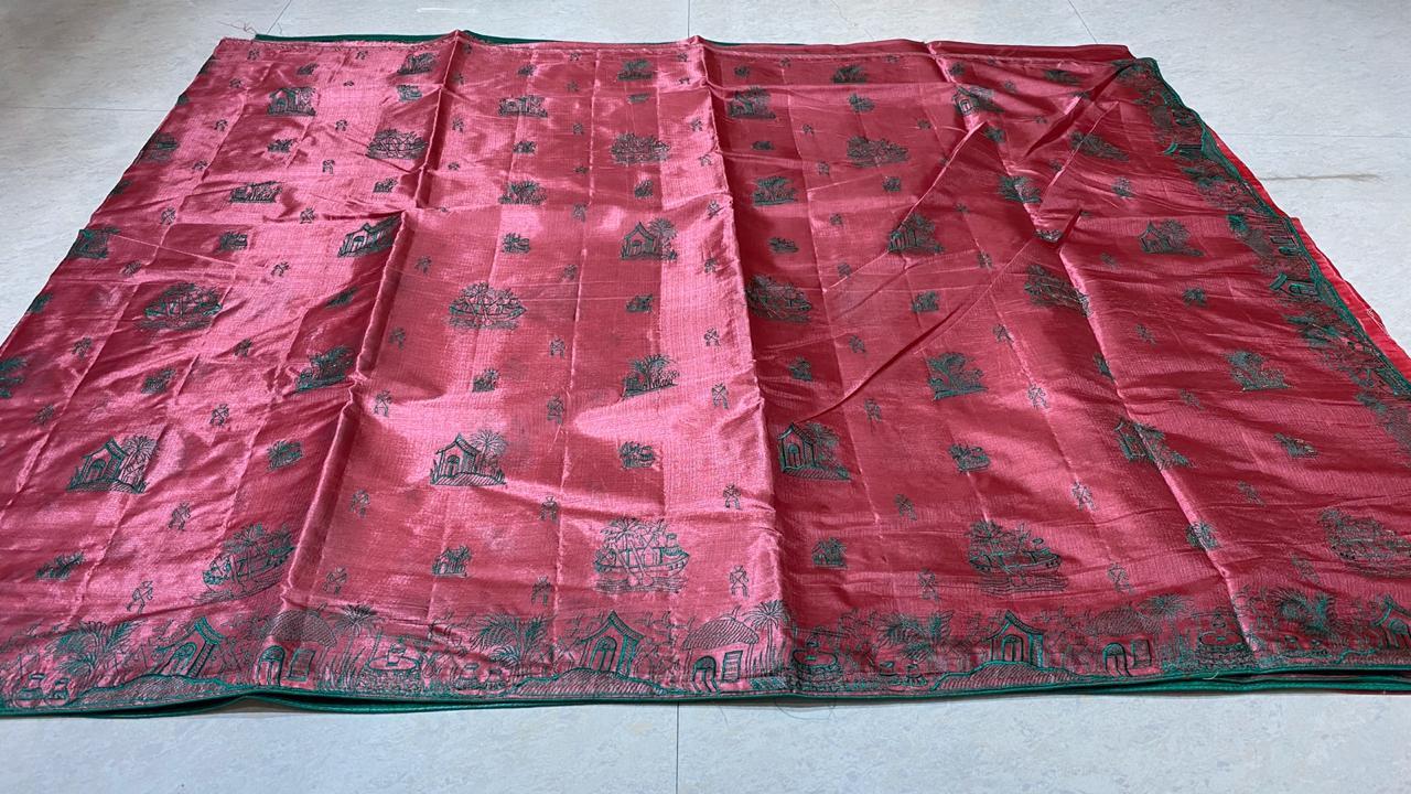 Woven Pure Khadi Silk Saree With All Over Worli Kantha Machine Embroidery
