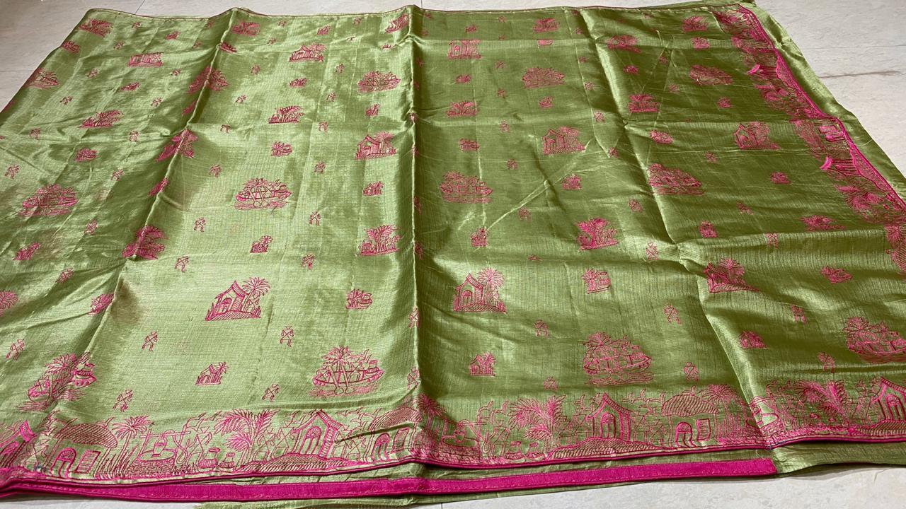 Woven Pure Khadi Silk Saree With All Over Worli Kantha Machine Embroidery