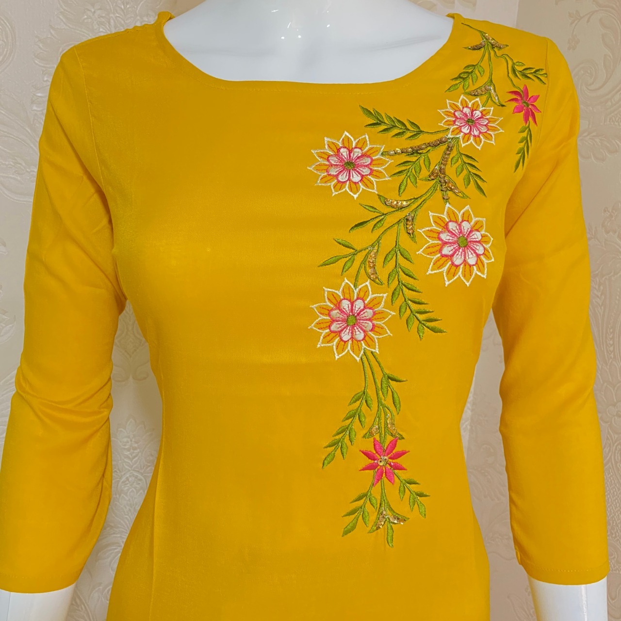 Rayon Kurtis - Rayon, Sizes S-3xl, Length 45 Inch, Colors Brown & Yellow, Round Neckline, 3/4 Sleeve, Embroidered, Anti Wrinkle, Washable