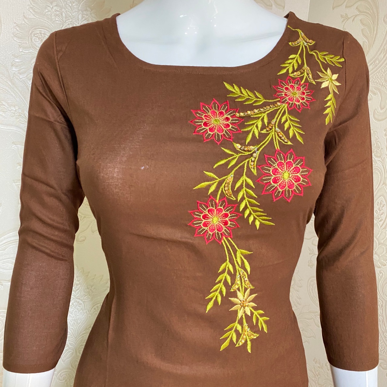 Rayon Kurtis - Rayon, Sizes S-3xl, Length 45 Inch, Colors Brown & Yellow, Round Neckline, 3/4 Sleeve, Embroidered, Anti Wrinkle, Washable