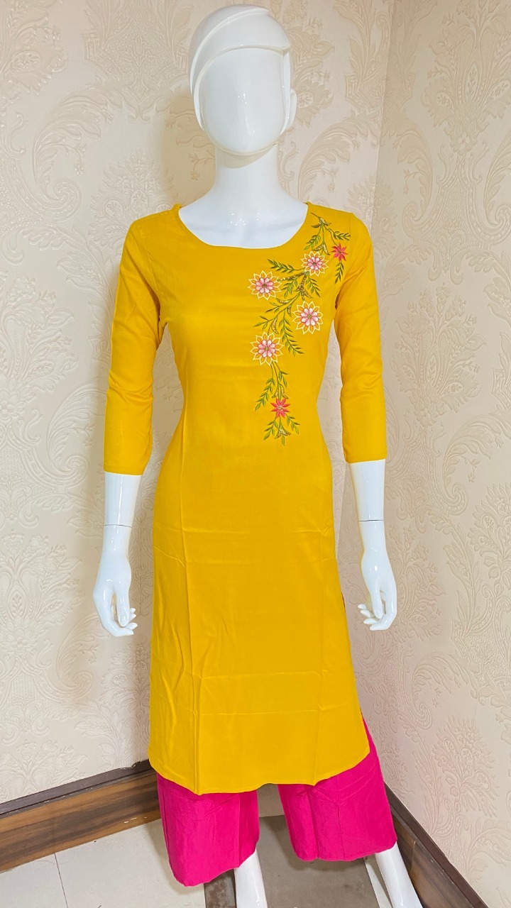 Rayon Kurtis - Rayon, Sizes S-3xl, Length 45 Inch, Colors Brown & Yellow, Round Neckline, 3/4 Sleeve, Embroidered, Anti Wrinkle, Washable