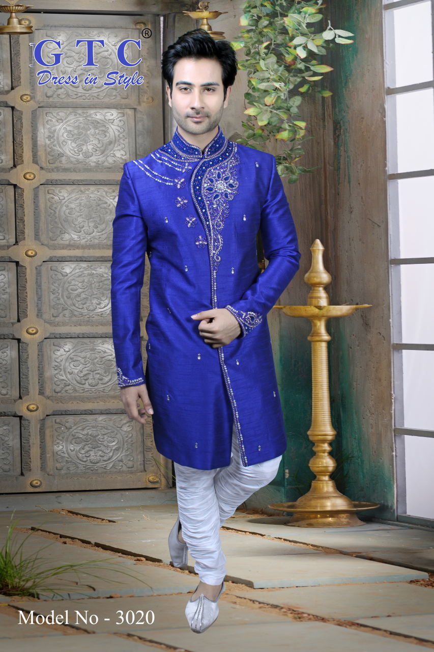 3020 Designer Sherwani - Banarasi Dupion Silk, Customized Size & Colors | Hand-beaded Work, Long Sleeve, Dry Clean Only, Men's Ethnic Wear