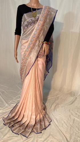Hand Print Pure Linen By Linen 120 Count Cut Work Saree .
