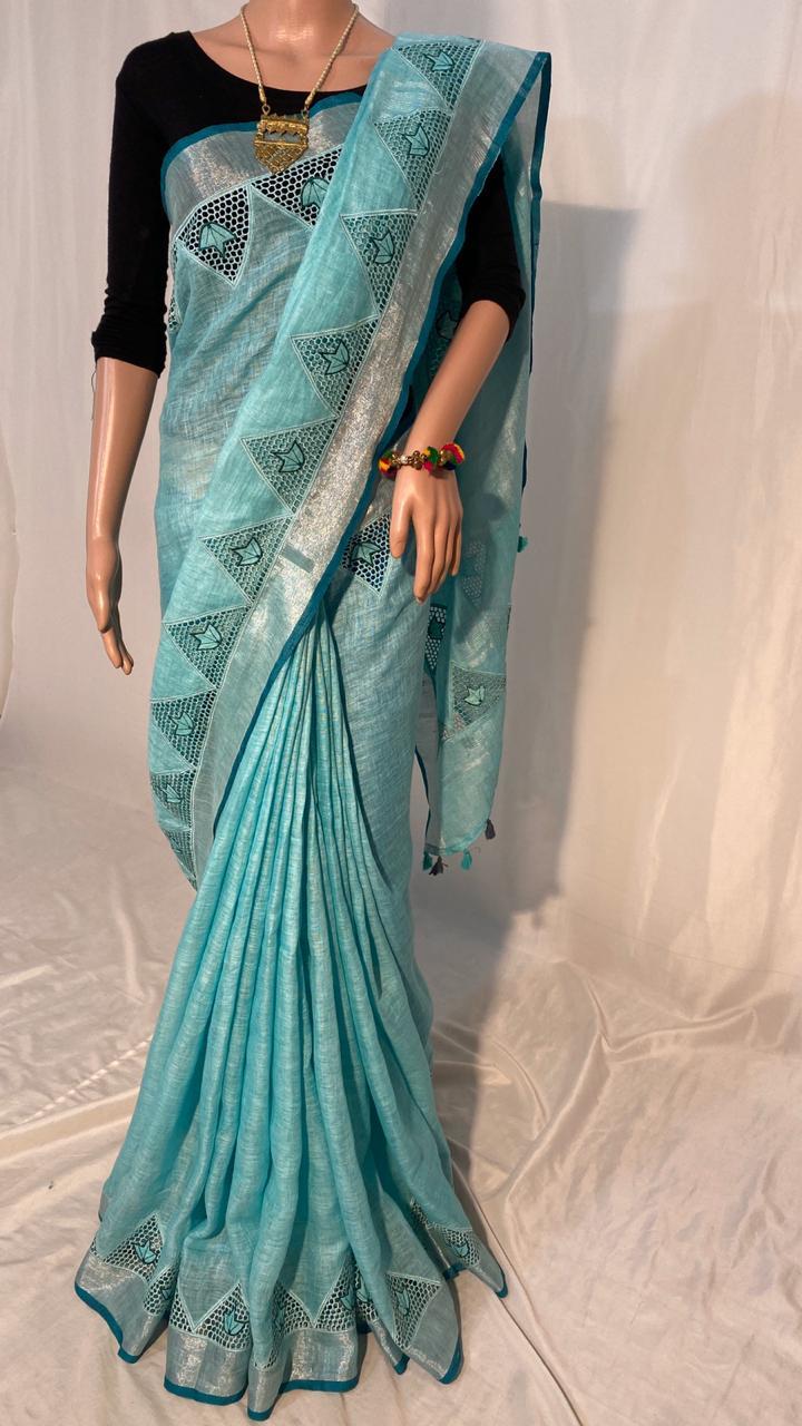 Sky Blue Pure Linen 120 Count Saree ,With Cut Work.