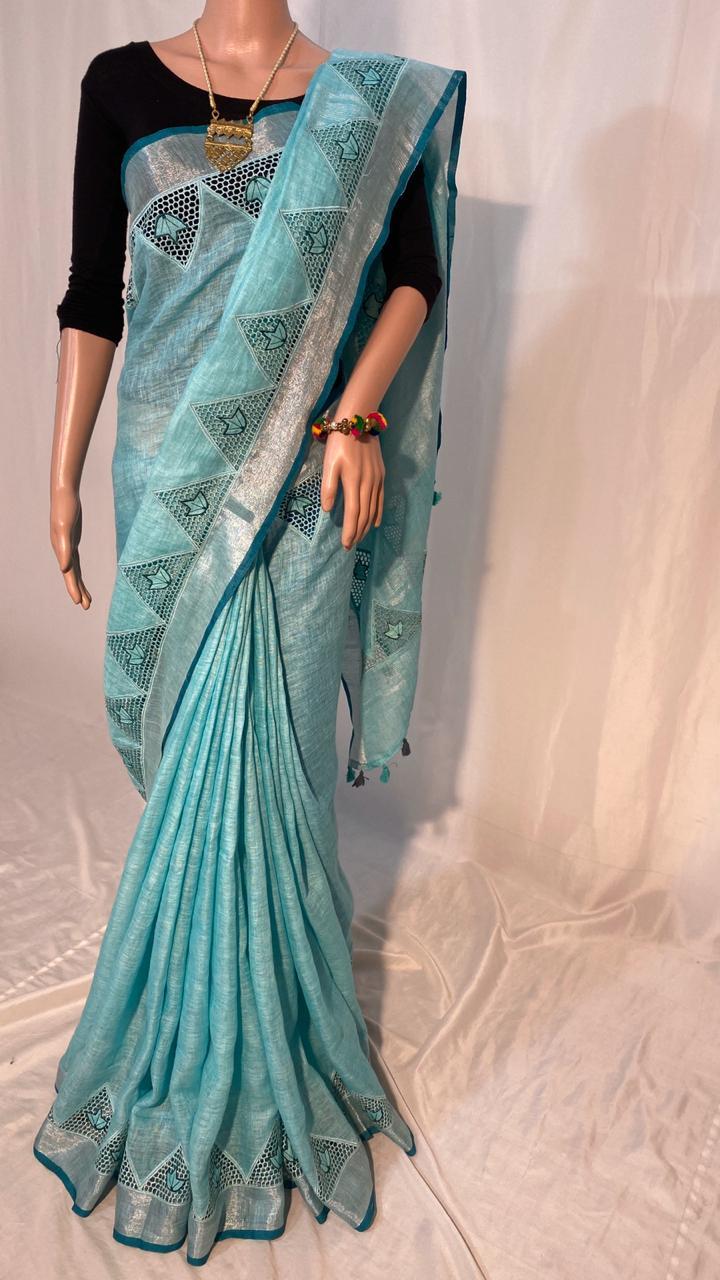 Sky Blue Pure Linen 120 Count Saree ,With Cut Work.