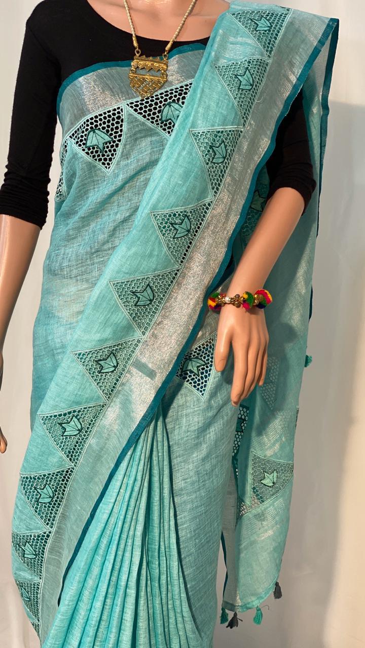 Sky Blue Pure Linen 120 Count Saree ,With Cut Work.