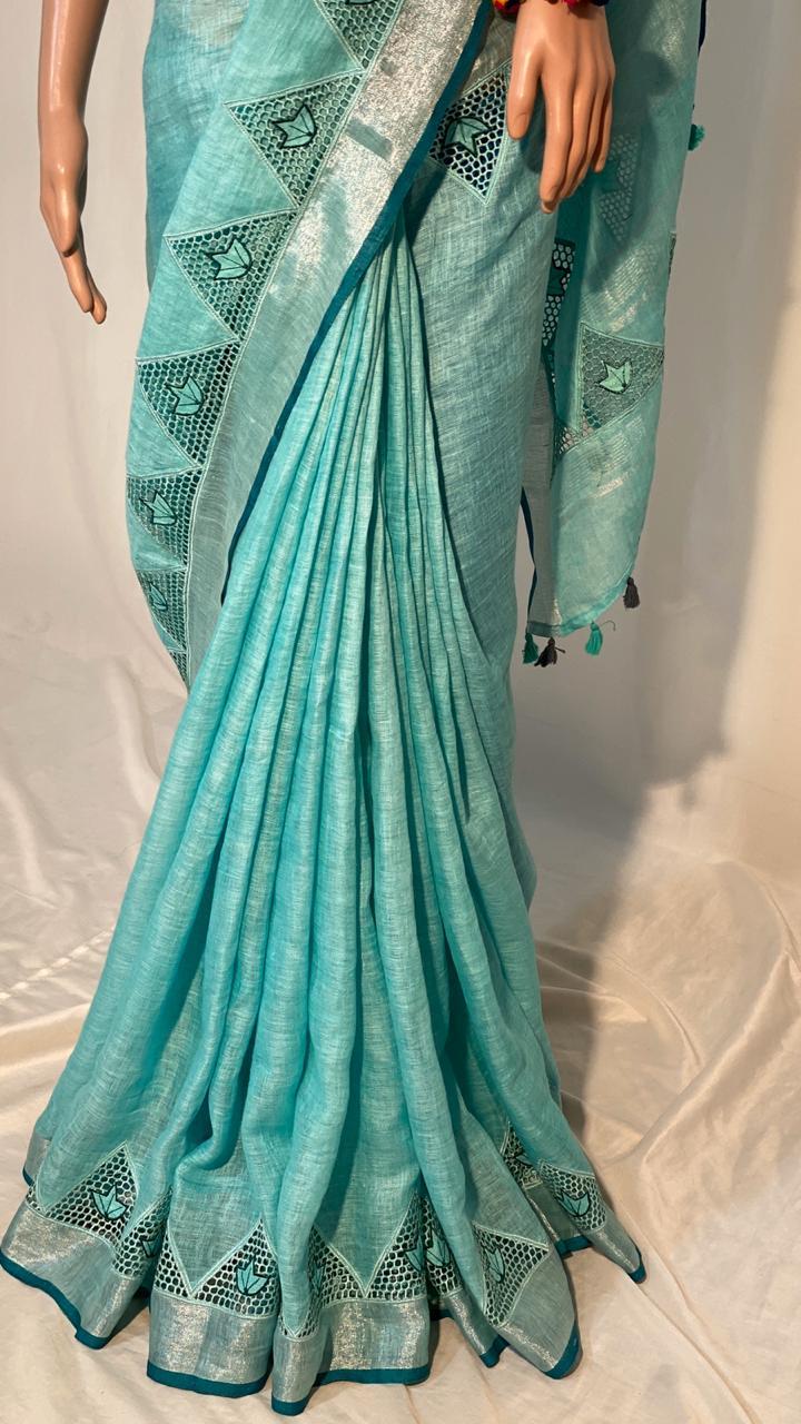 Sky Blue Pure Linen 120 Count Saree ,With Cut Work.