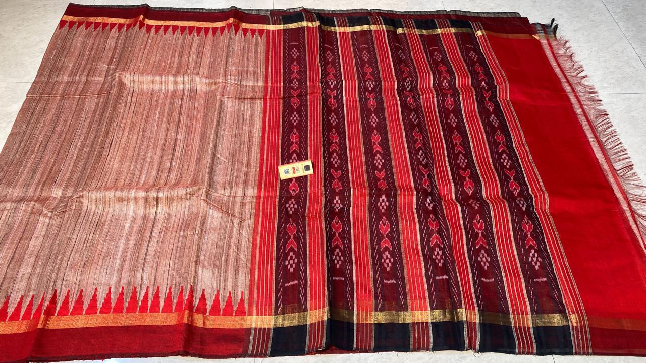 Pure Ghicha Tussar Silk Saree With Double Sided Temple Border Ikkat Woven Pallu.