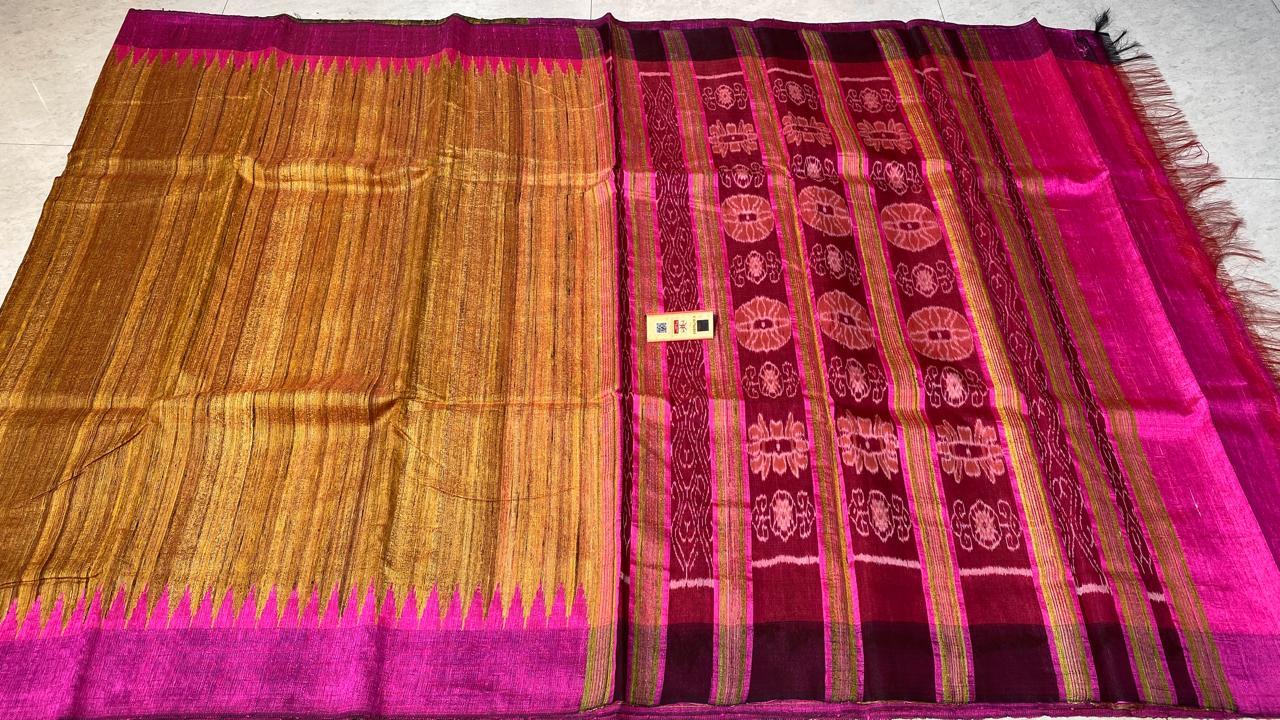 Pure Ghicha Tussar Silk Saree With Double Sided Temple Border Ikkat Woven Pallu.