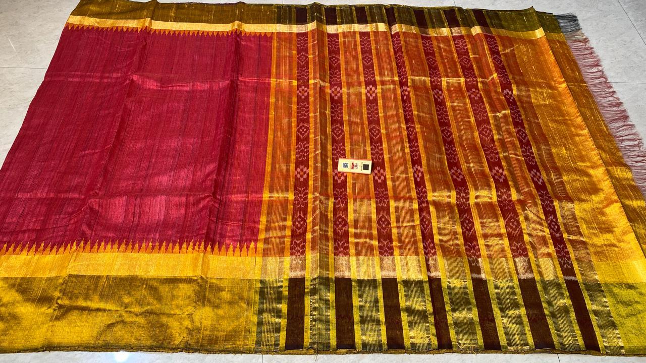 Pure Ghicha Tussar Silk Saree With Double Sided Temple Border Ikkat Woven Pallu.