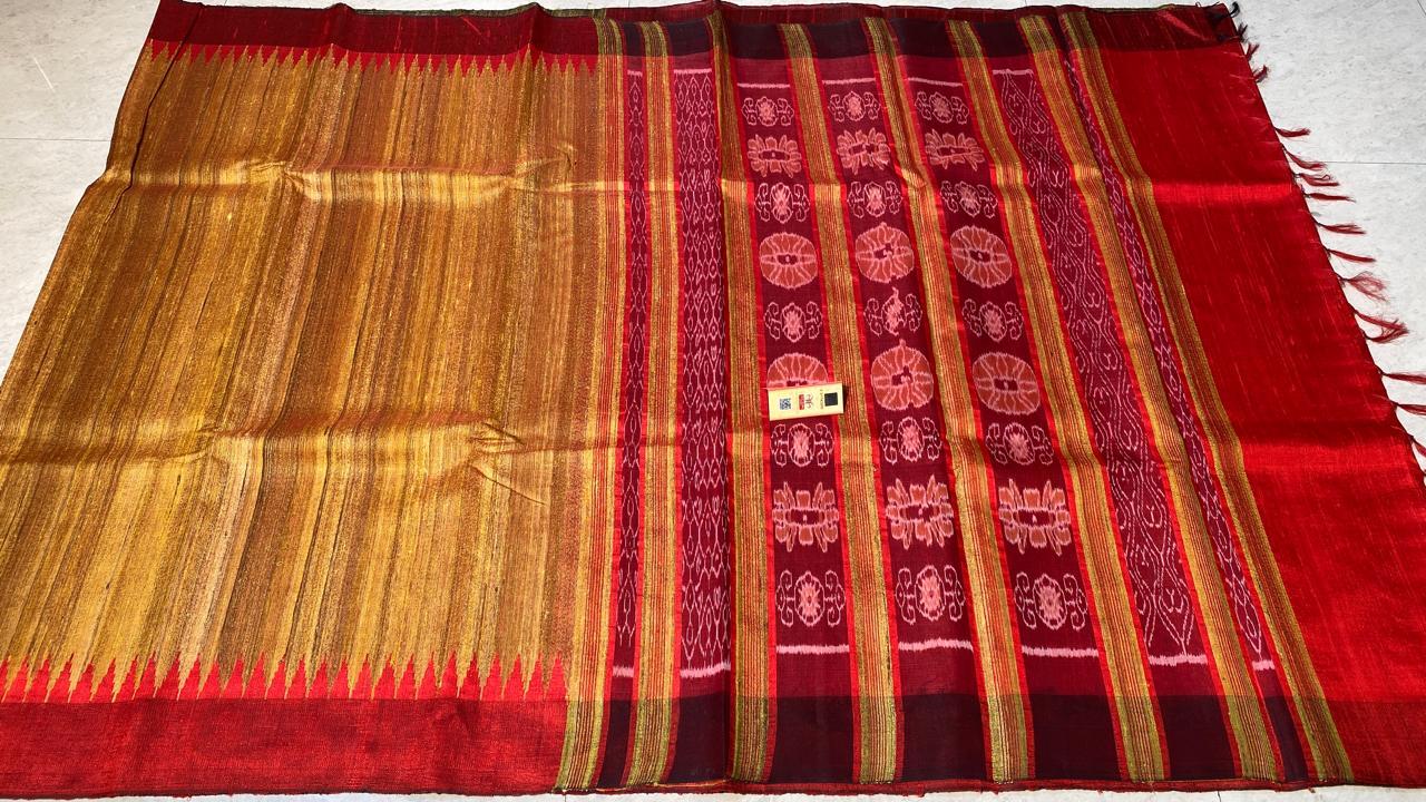 Pure Ghicha Tussar Silk Saree With Double Sided Temple Border Ikkat Woven Pallu.