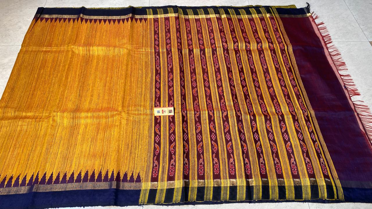Pure Ghicha Tussar Silk Saree With Double Sided Temple Border Ikkat Woven Pallu.