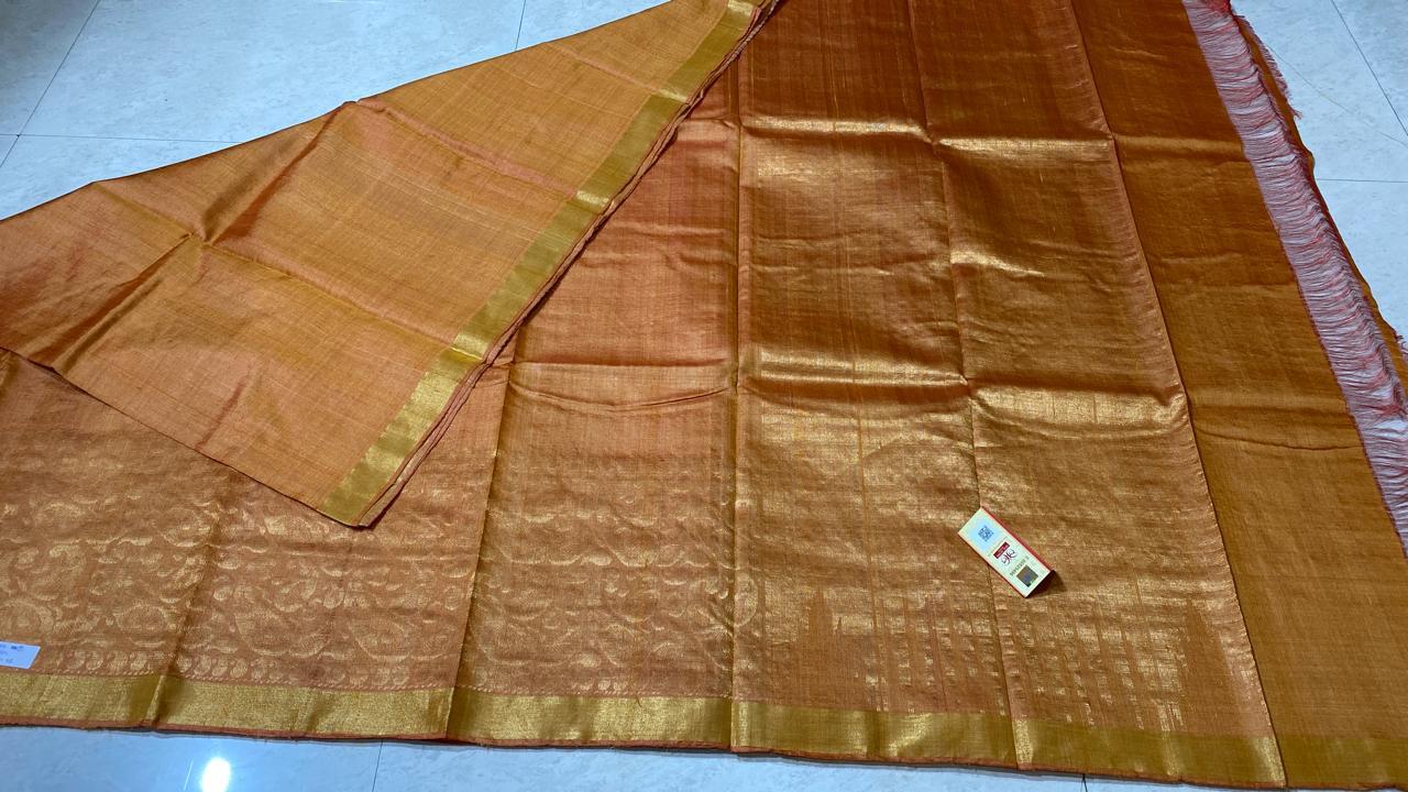Woven Pure Tussar (Kosa) Silk Handloom Hand Border Saree, Running Blouse