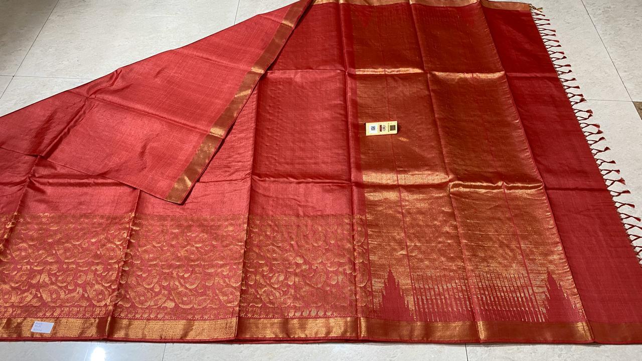 Woven Pure Tussar (Kosa) Silk Handloom Hand Border Saree, Running Blouse