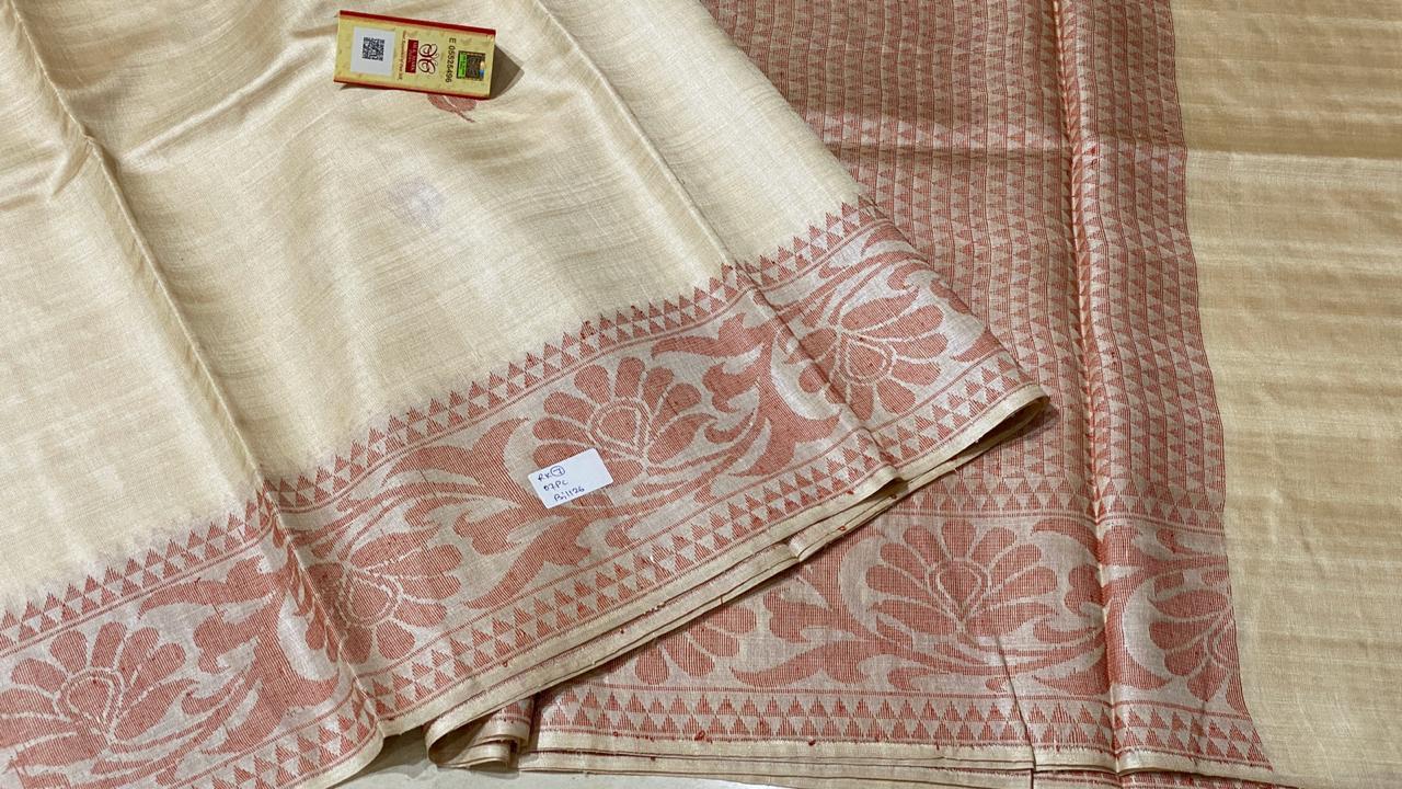 Woven Pure Tussar (Kosa) Silk Handloom Hand Border Saree, Running Blouse