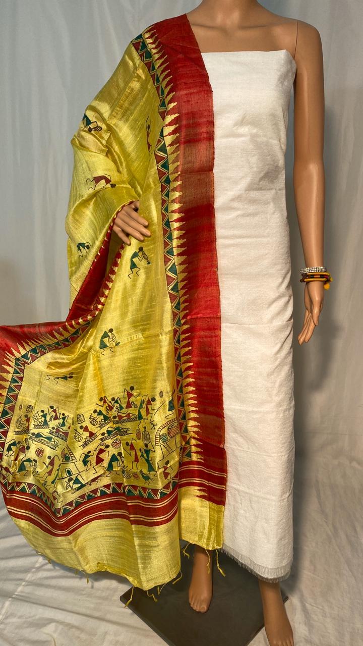 Pure Dupion Raw Silk Top With Golden Jari Border 2.5 Mtrs Block Printed Long Dupatta Texture: Woven