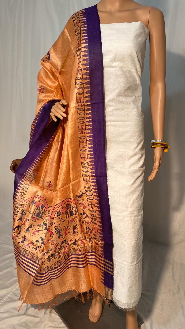 Pure Dupion Raw Silk Top With Golden Jari Border 2.5 Mtrs Block Printed Long Dupatta Texture: Woven
