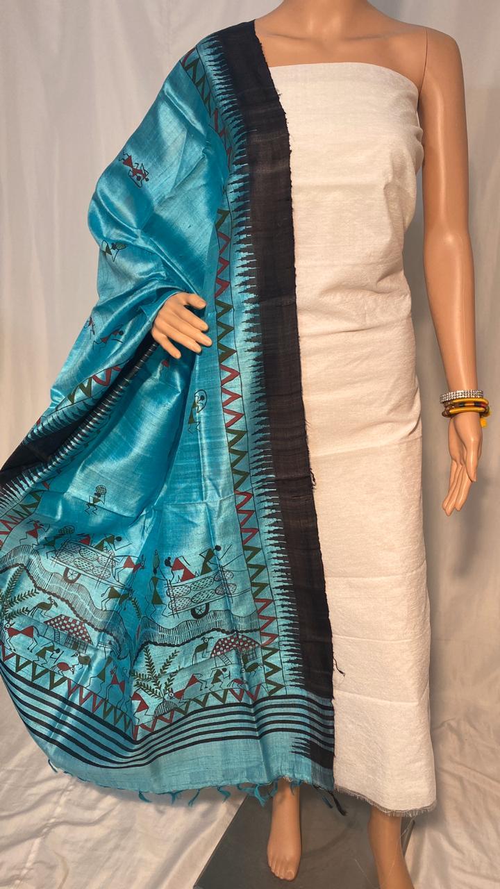 Pure Dupion Raw Silk Top With Golden Jari Border 2.5 Mtrs Block Printed Long Dupatta Texture: Woven