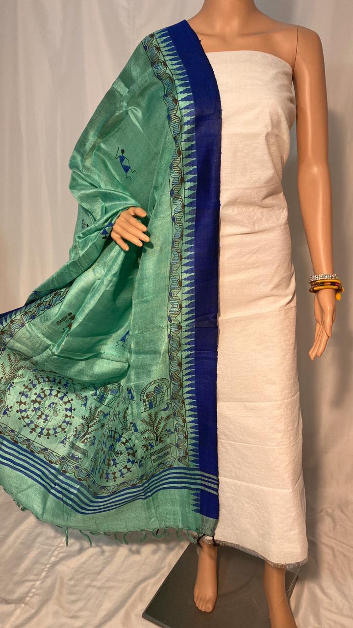 Pure Dupion Raw Silk Top With Golden Jari Border 2.5 Mtrs Block Printed Long Dupatta Texture: Woven
