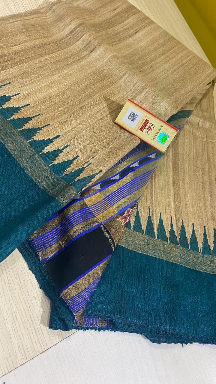 Pure Ghicha Tussar Saree - Double Sided Temple Border With Ikat Jari Woven Pallu , Contrast Striped Blouse For All Seasons