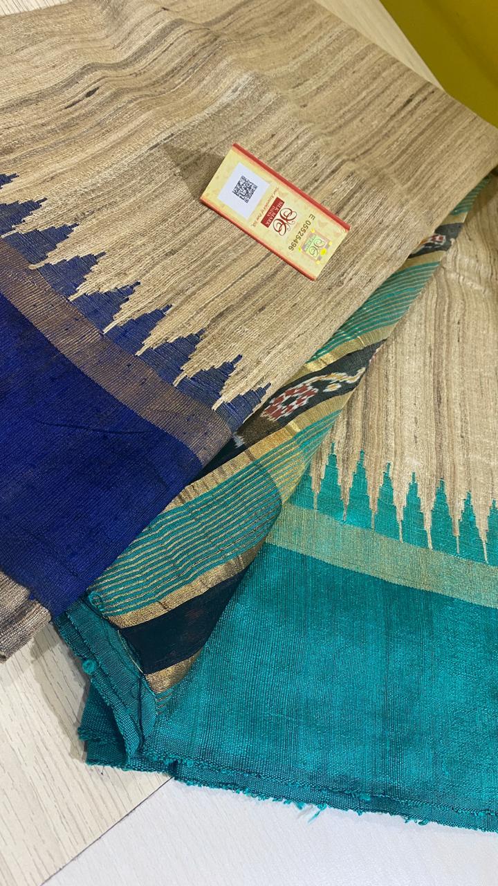 Pure Ghicha Tussar Saree - Double Sided Temple Border With Ikat Jari Woven Pallu , Contrast Striped Blouse For All Seasons