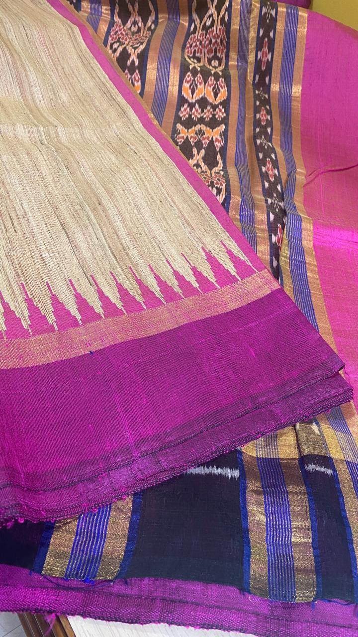 Pure Ghicha Tussar Saree - Double Sided Temple Border With Ikat Jari Woven Pallu , Contrast Striped Blouse For All Seasons